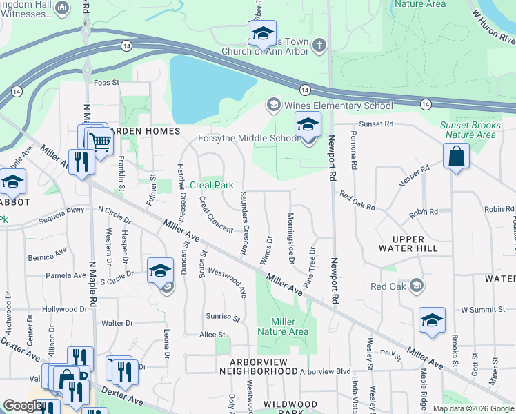 map of restaurants, bars, coffee shops, grocery stores, and more near 1347 Wines Drive in Ann Arbor
