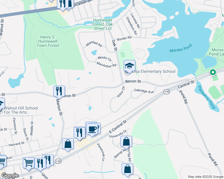 map of restaurants, bars, coffee shops, grocery stores, and more near 62 Bacon Street in Natick