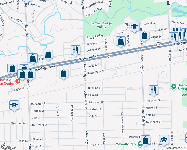 map of restaurants, bars, coffee shops, grocery stores, and more near 26450 Trowbridge Street in Inkster