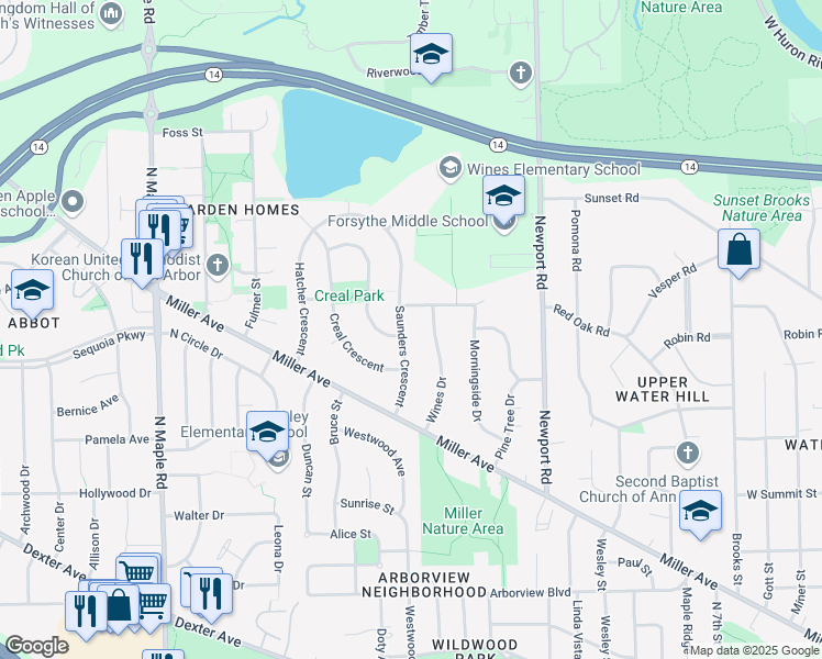 map of restaurants, bars, coffee shops, grocery stores, and more near 1404 Saunders Crescent in Ann Arbor