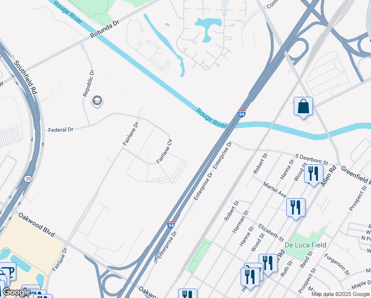 map of restaurants, bars, coffee shops, grocery stores, and more near 1333 Fairlane Circle in Allen Park