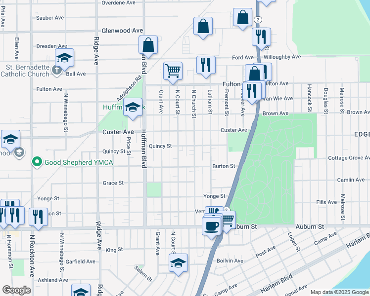 map of restaurants, bars, coffee shops, grocery stores, and more near 1518 Quincy Street in Rockford