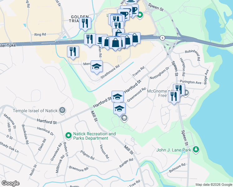 map of restaurants, bars, coffee shops, grocery stores, and more near 81 Hartford Street in Natick