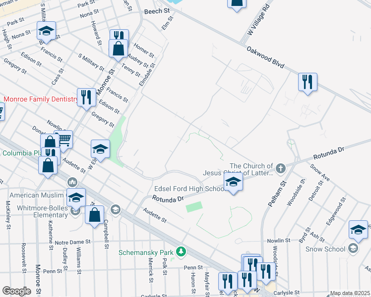 map of restaurants, bars, coffee shops, grocery stores, and more near 2101 Village Road in Dearborn