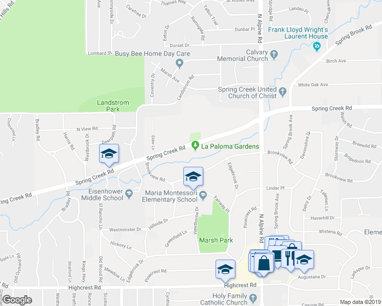 map of restaurants, bars, coffee shops, grocery stores, and more near 39 Spring Creek Road in Rockford