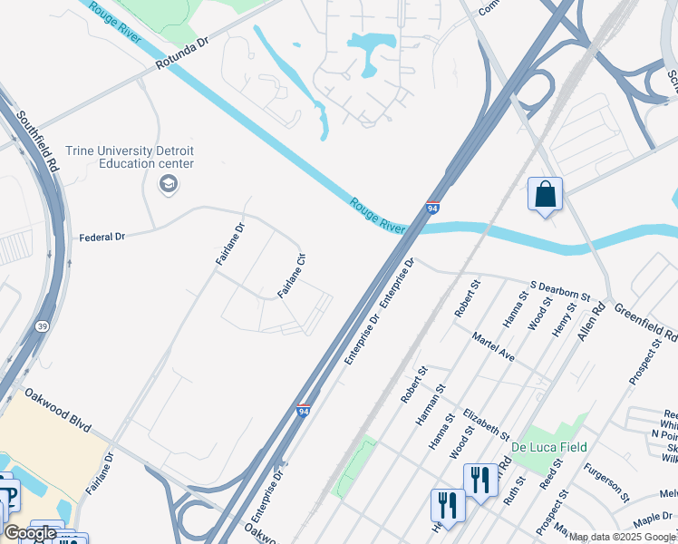 map of restaurants, bars, coffee shops, grocery stores, and more near 1333 Fairlane Circle in Allen Park