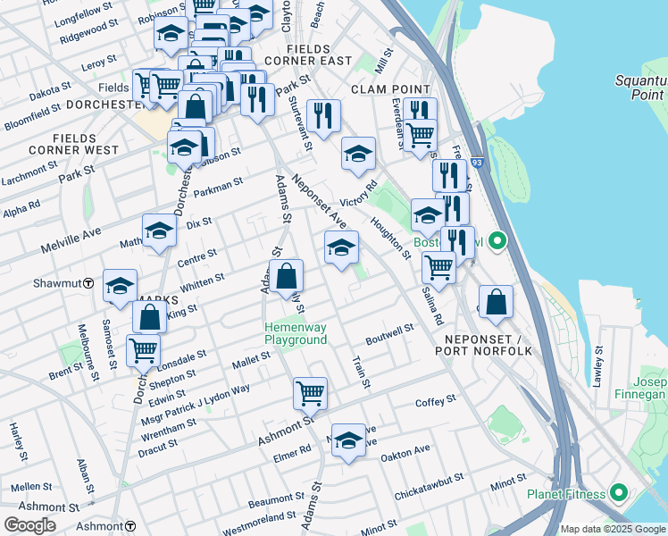 map of restaurants, bars, coffee shops, grocery stores, and more near 18 Claymont Terrace in Boston