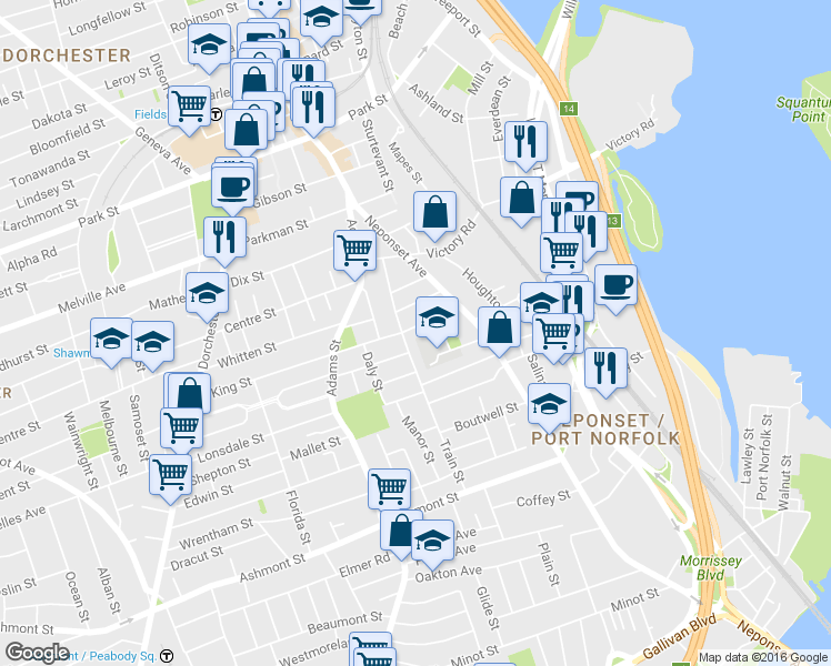 map of restaurants, bars, coffee shops, grocery stores, and more near 18 Claymont Terrace in Boston