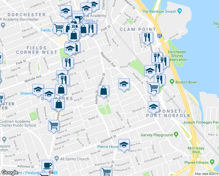 map of restaurants, bars, coffee shops, grocery stores, and more near 49 Train Street in Boston