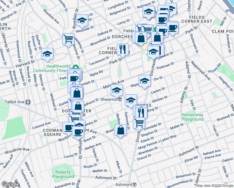 map of restaurants, bars, coffee shops, grocery stores, and more near 40 Mather Street in Boston