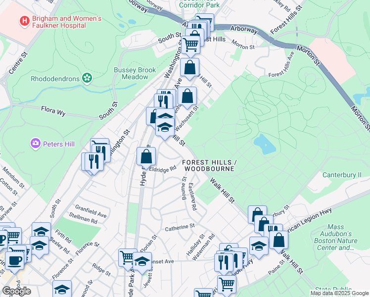 map of restaurants, bars, coffee shops, grocery stores, and more near 51-53 Walk Hill Street in Boston