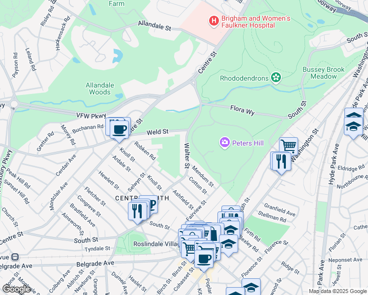 map of restaurants, bars, coffee shops, grocery stores, and more near 40 Selwyn Street in Boston