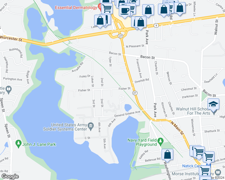 map of restaurants, bars, coffee shops, grocery stores, and more near 25 Fisher Street in Natick