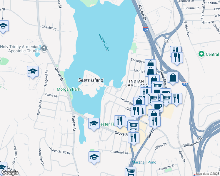 map of restaurants, bars, coffee shops, grocery stores, and more near 9 Poplar Street in Worcester