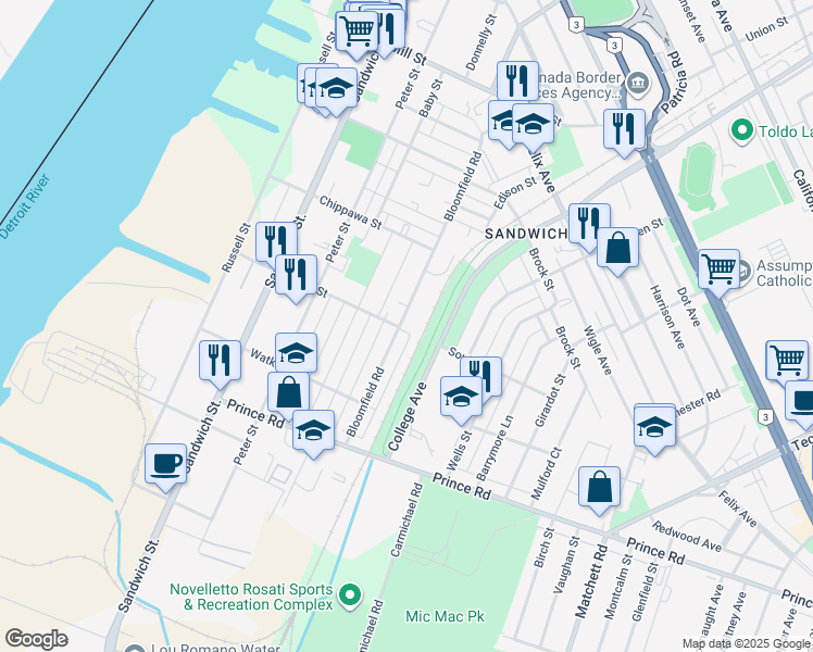 map of restaurants, bars, coffee shops, grocery stores, and more near 3489 Bloomfield Road in Windsor