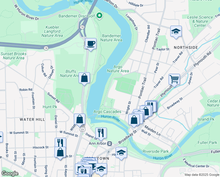 map of restaurants, bars, coffee shops, grocery stores, and more near 355 Kellogg Street in Ann Arbor