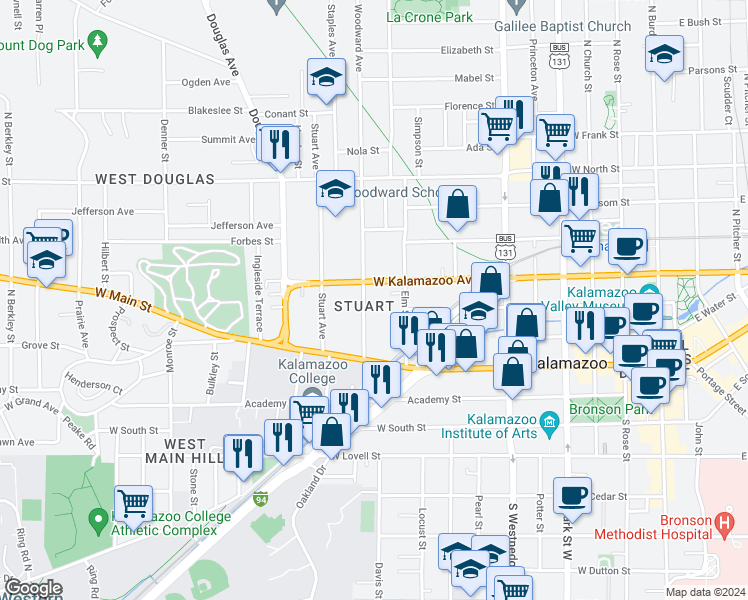 map of restaurants, bars, coffee shops, grocery stores, and more near 324 Woodward Avenue in Kalamazoo