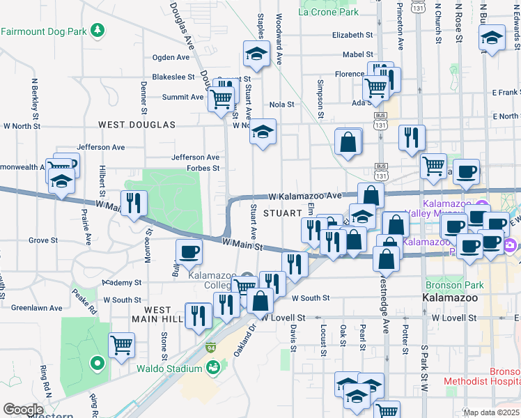 map of restaurants, bars, coffee shops, grocery stores, and more near 324 Stuart Avenue in Kalamazoo