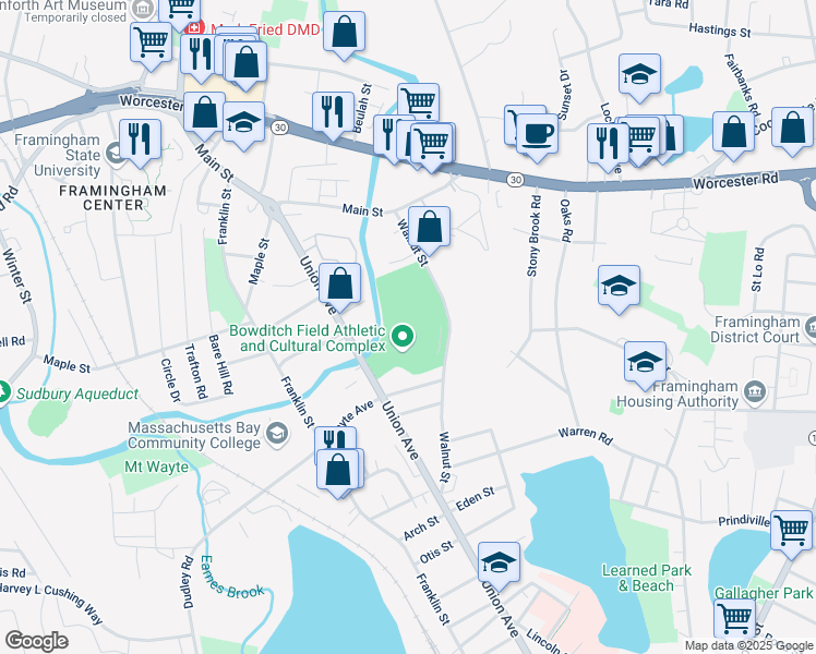 map of restaurants, bars, coffee shops, grocery stores, and more near 104 Walnut Street in Framingham