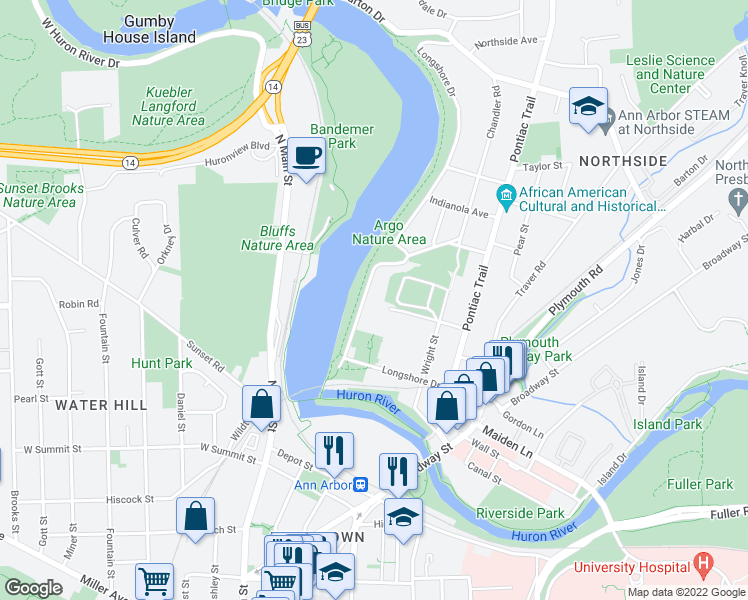 map of restaurants, bars, coffee shops, grocery stores, and more near 355 Kellogg Street in Ann Arbor
