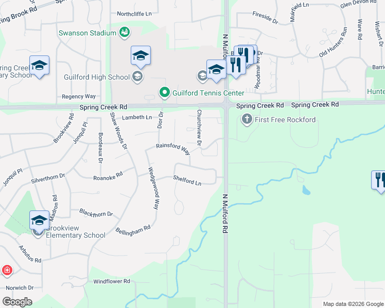 map of restaurants, bars, coffee shops, grocery stores, and more near 5844 Rainsford Way in Rockford