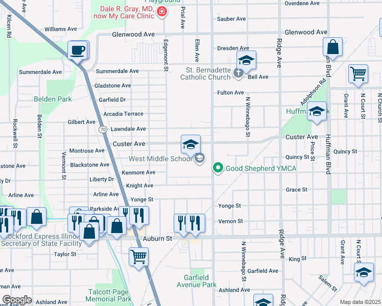 map of restaurants, bars, coffee shops, grocery stores, and more near 1900 North Rockton Avenue in Rockford