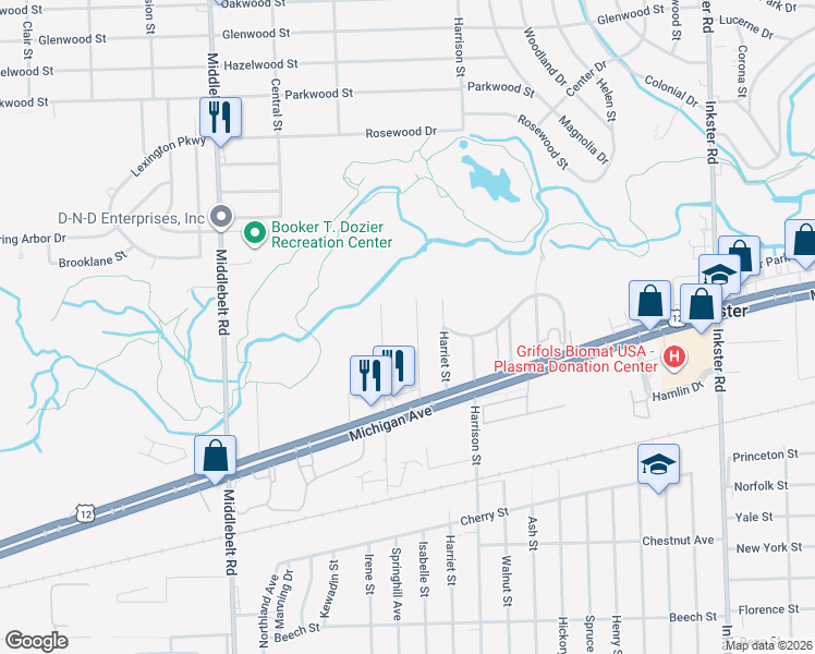 map of restaurants, bars, coffee shops, grocery stores, and more near 2160 Isabelle Street in Inkster