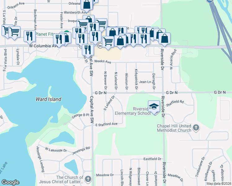 map of restaurants, bars, coffee shops, grocery stores, and more near 65 Golden Avenue in Battle Creek