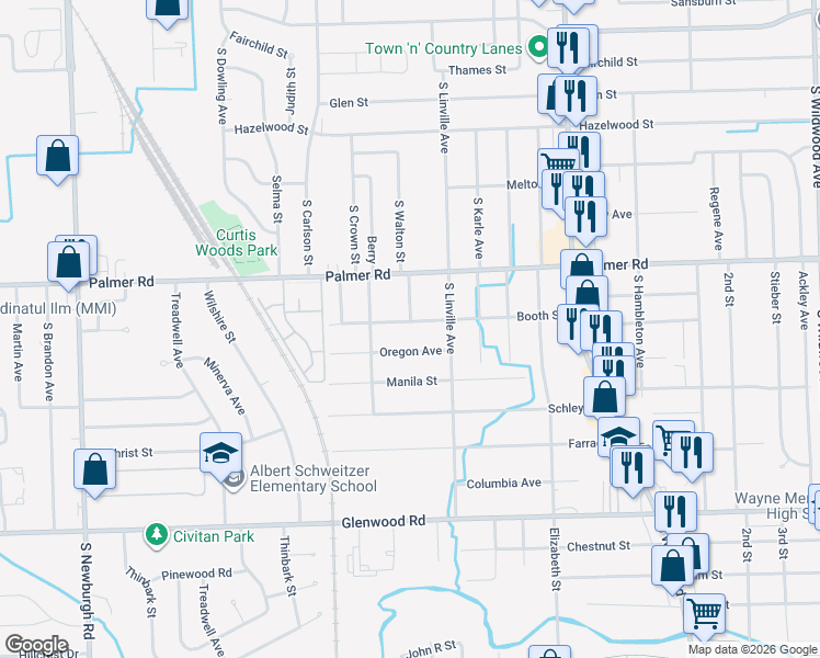 map of restaurants, bars, coffee shops, grocery stores, and more near 35891 Booth Street in Westland
