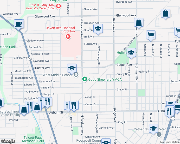 map of restaurants, bars, coffee shops, grocery stores, and more near 2415 Quincy Circle in Rockford