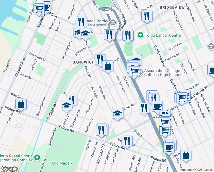 map of restaurants, bars, coffee shops, grocery stores, and more near Felix Avenue in Windsor