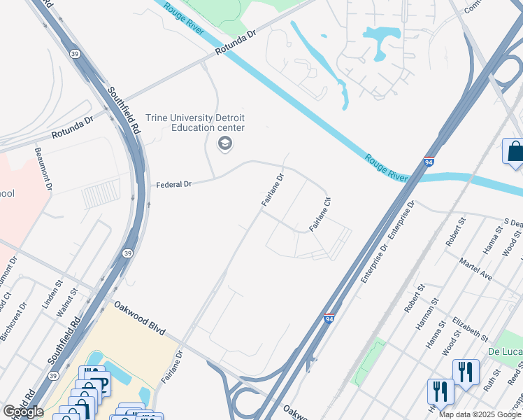 map of restaurants, bars, coffee shops, grocery stores, and more near 1800 Fairlane Drive in Allen Park