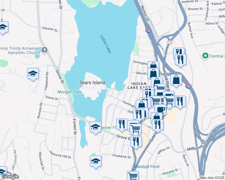 map of restaurants, bars, coffee shops, grocery stores, and more near 9 Poplar Street in Worcester