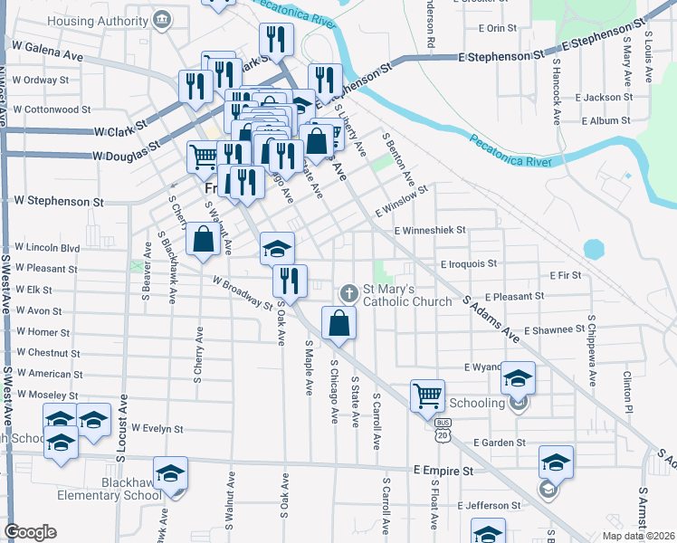map of restaurants, bars, coffee shops, grocery stores, and more near 7 East Iroquois Street in Freeport