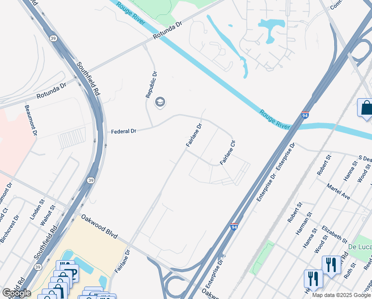 map of restaurants, bars, coffee shops, grocery stores, and more near 1800 Fairlane Drive in Allen Park