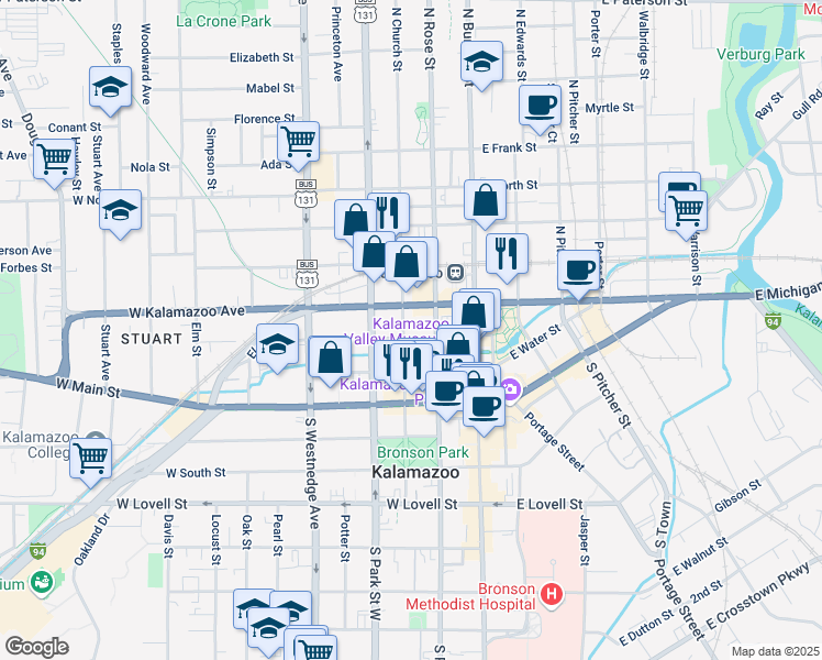 map of restaurants, bars, coffee shops, grocery stores, and more near 201 West Kalamazoo Avenue in Kalamazoo