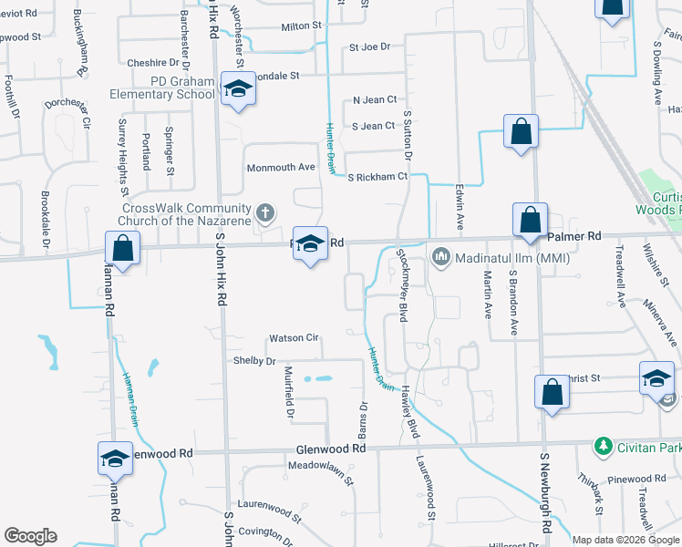 map of restaurants, bars, coffee shops, grocery stores, and more near 38330 North Williams Circle in Westland