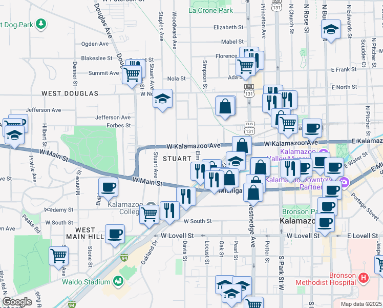 map of restaurants, bars, coffee shops, grocery stores, and more near 319 Elm Street in Kalamazoo