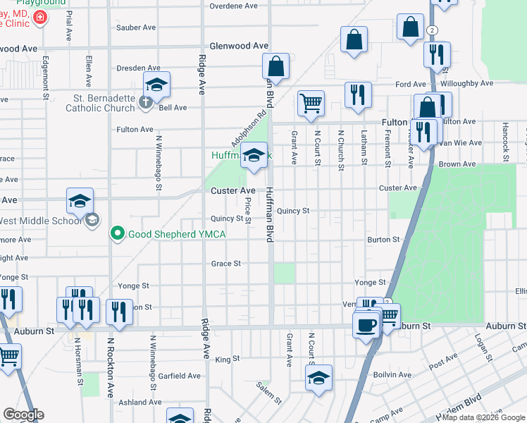 map of restaurants, bars, coffee shops, grocery stores, and more near 2015 Price Street in Rockford