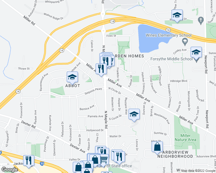 map of restaurants, bars, coffee shops, grocery stores, and more near 2424 North Circle Drive in Ann Arbor