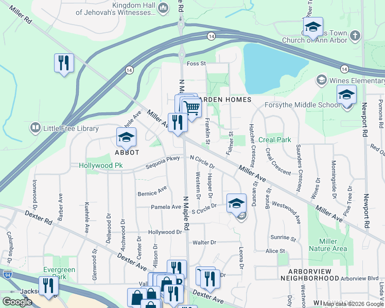 map of restaurants, bars, coffee shops, grocery stores, and more near in Ann Arbor