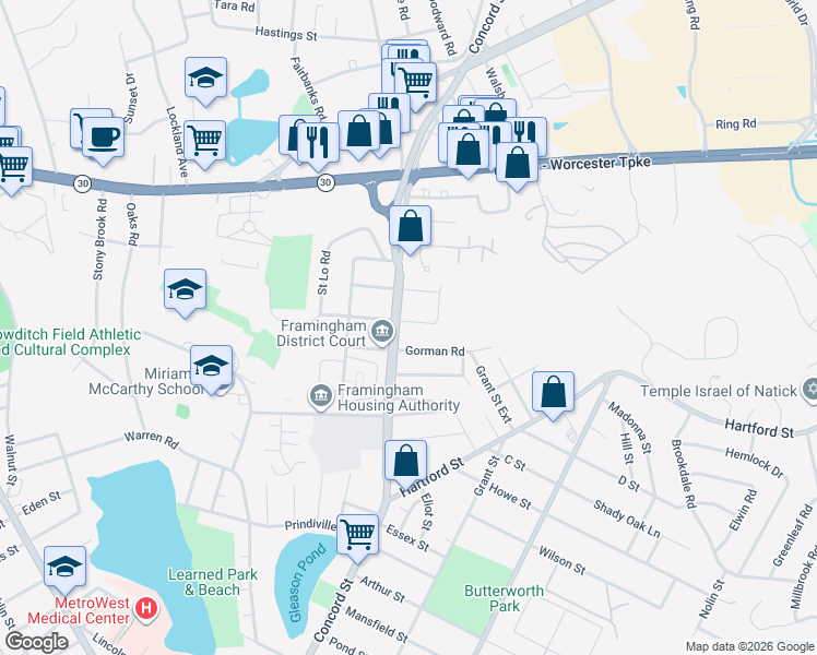map of restaurants, bars, coffee shops, grocery stores, and more near 627 Massachusetts 126 in Framingham