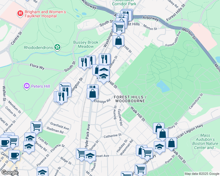 map of restaurants, bars, coffee shops, grocery stores, and more near 51-53 Walk Hill Street in Boston