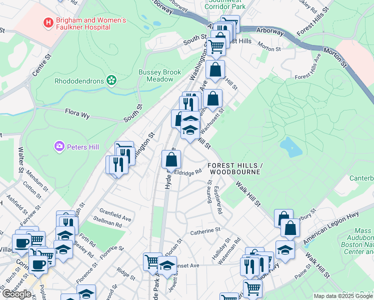 map of restaurants, bars, coffee shops, grocery stores, and more near 163 Wachusett Street in Boston