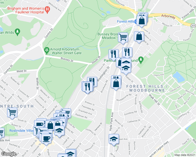 map of restaurants, bars, coffee shops, grocery stores, and more near 20 Mahler Road in Boston
