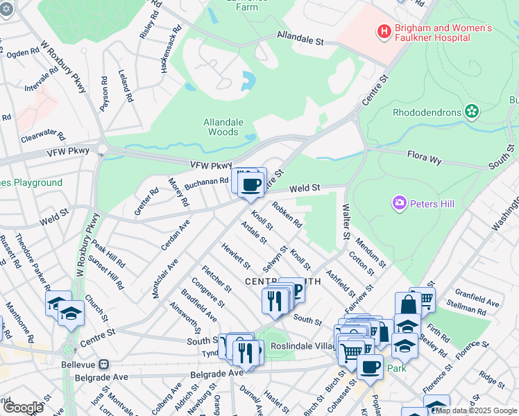 map of restaurants, bars, coffee shops, grocery stores, and more near 1408 Centre Street in Boston
