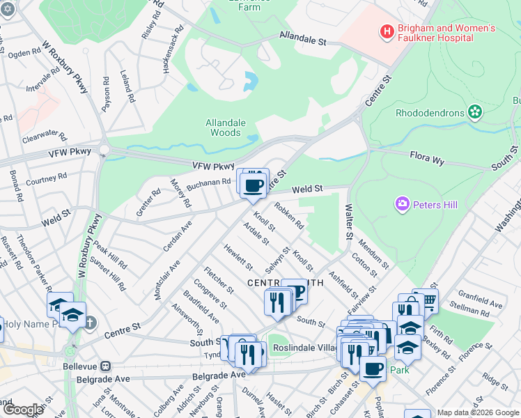 map of restaurants, bars, coffee shops, grocery stores, and more near 1408 Centre Street in Boston