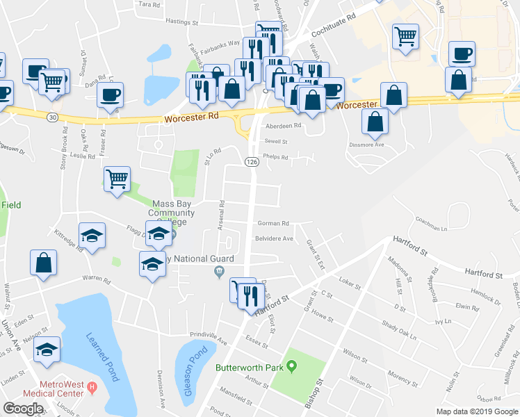 map of restaurants, bars, coffee shops, grocery stores, and more near 627 Massachusetts 126 in Framingham