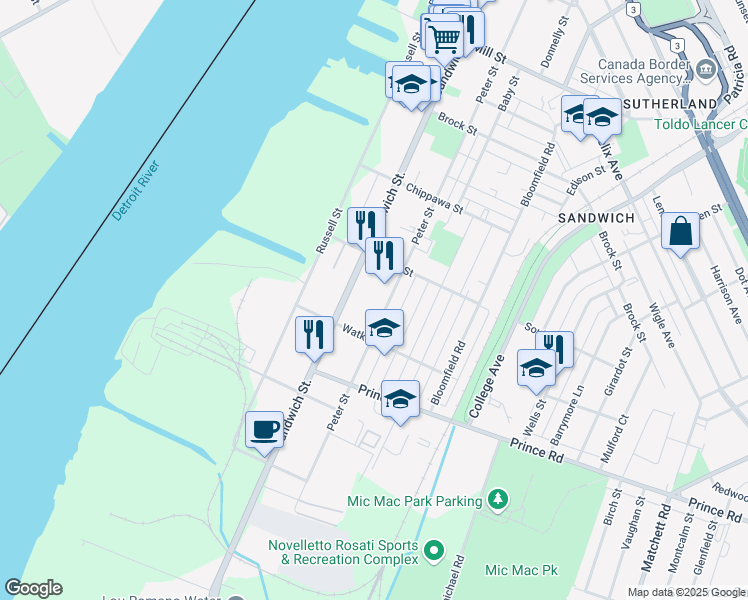 map of restaurants, bars, coffee shops, grocery stores, and more near in Windsor