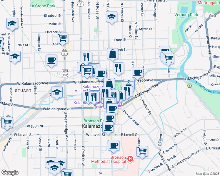 map of restaurants, bars, coffee shops, grocery stores, and more near 315 North Burdick Street in Kalamazoo